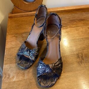 Sarto Black and Gold Lame Fabric Strap Heel